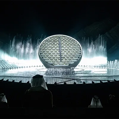 Evolution Scenic illuminated lightbox structures forming the Golden Jubilee performance climax.