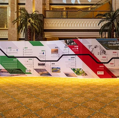 Printed scenic panels carrying UAE Regional Climate Dialogue branding at Emirates Palace.