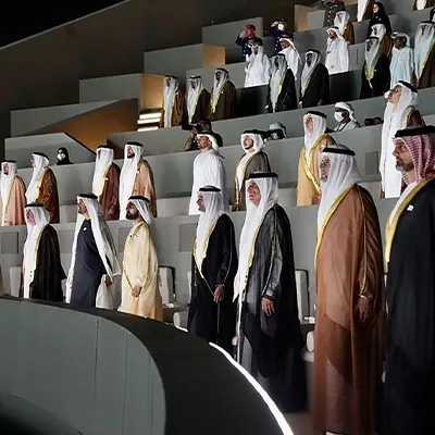 Custom building replicas integrated into the UAE Golden Jubilee stage design.