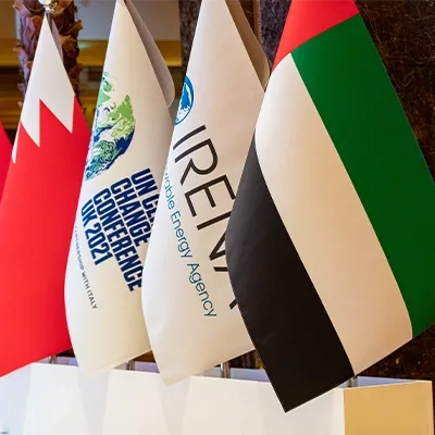 National and organisation flags installed as branded scenic elements for the UAE Regional Climate Dialogue.