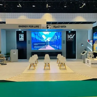 Evolution Scenic scenic fabrication showing painted wall structures, graphic applications and digital presentation screens