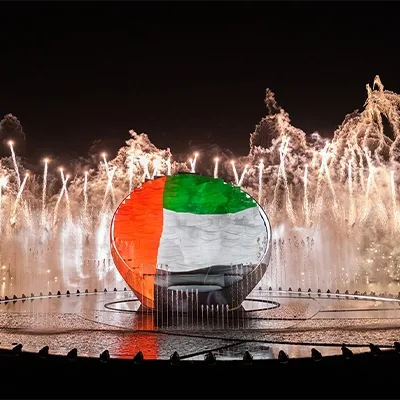 One hundred scenic lightboxes creating an illuminated UAE architectural skyline.