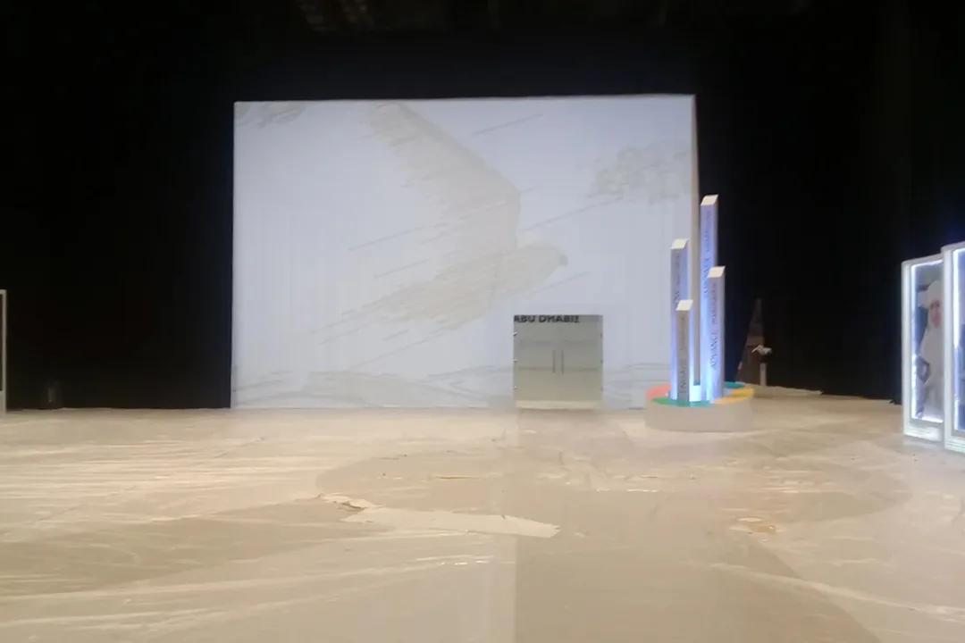 Scenic carpentry and black drape solutions prepared for temporary venue installation
