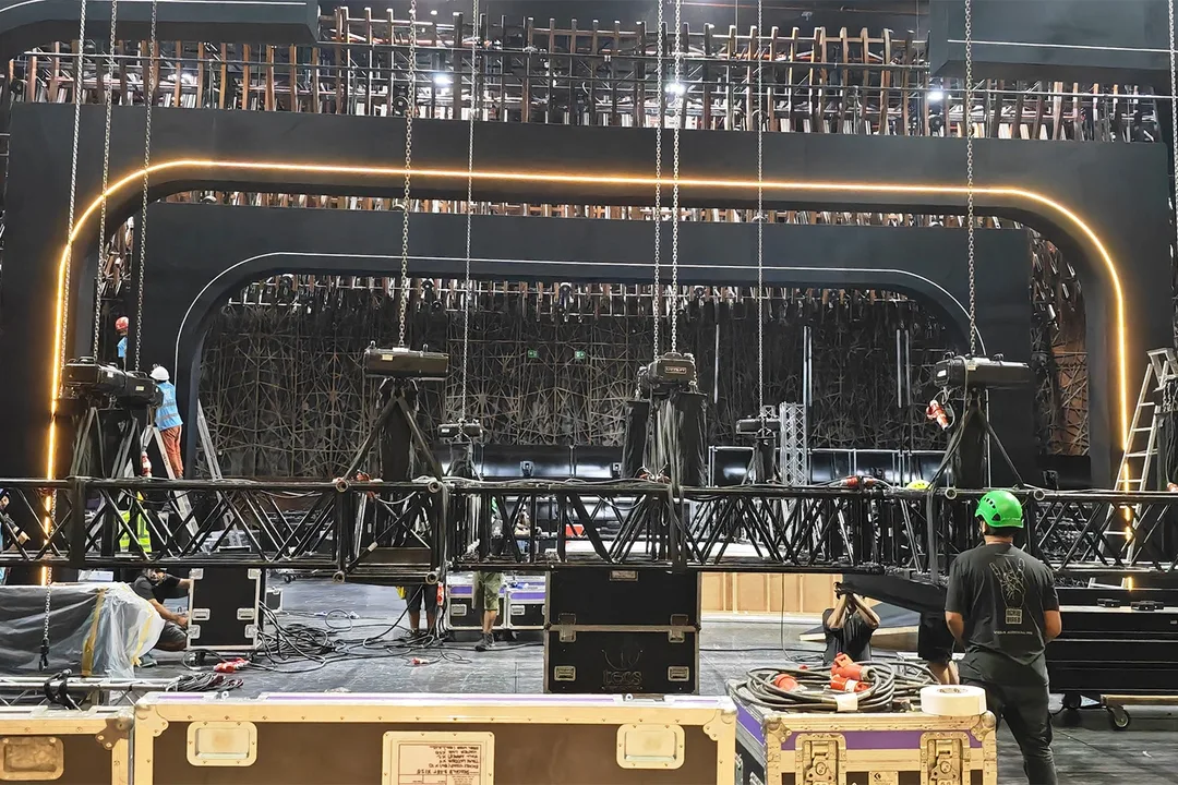 Theatre black drape legs and borders masking rigging and stage wings
