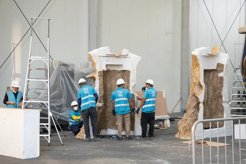 Coded scenic modules undergoing workshop dry-fit before packing and site installation