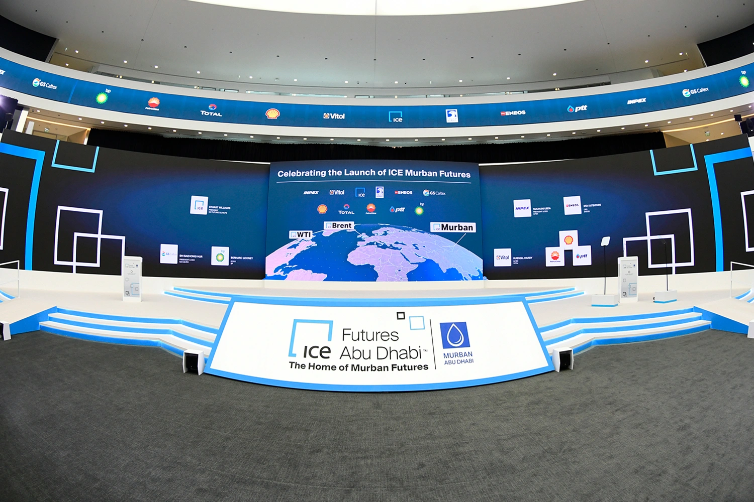 Evolution Scenic fabricated stage fascia carrying ICE Futures Abu Dhabi identity graphics.