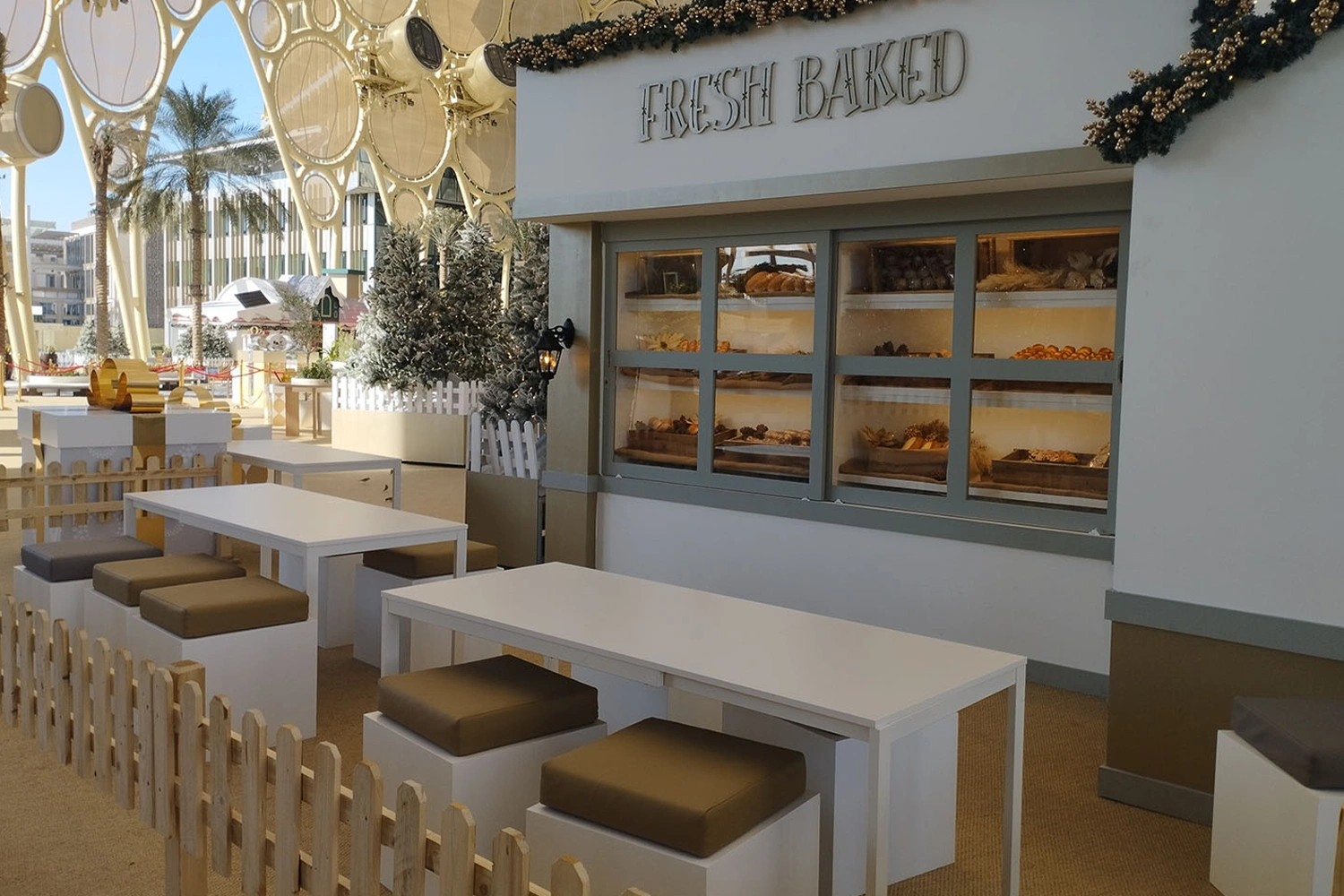 Evolution Scenic chalet-style market structures fabricated for Expo Winter Fest at Al Wasl Plaza.