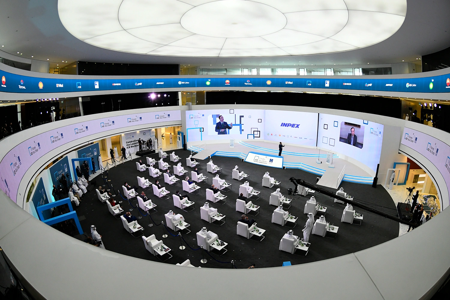 Evolution Scenic fabricated backdrop surrounding large technical displays at the Abu Dhabi venue.