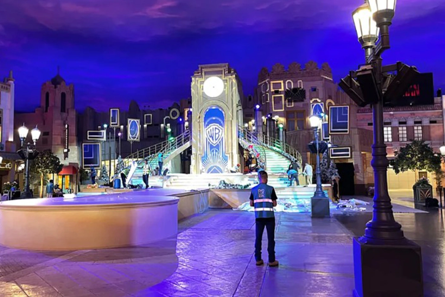 Custom floating video-screen structures fabricated as integrated architectural scenic elements.