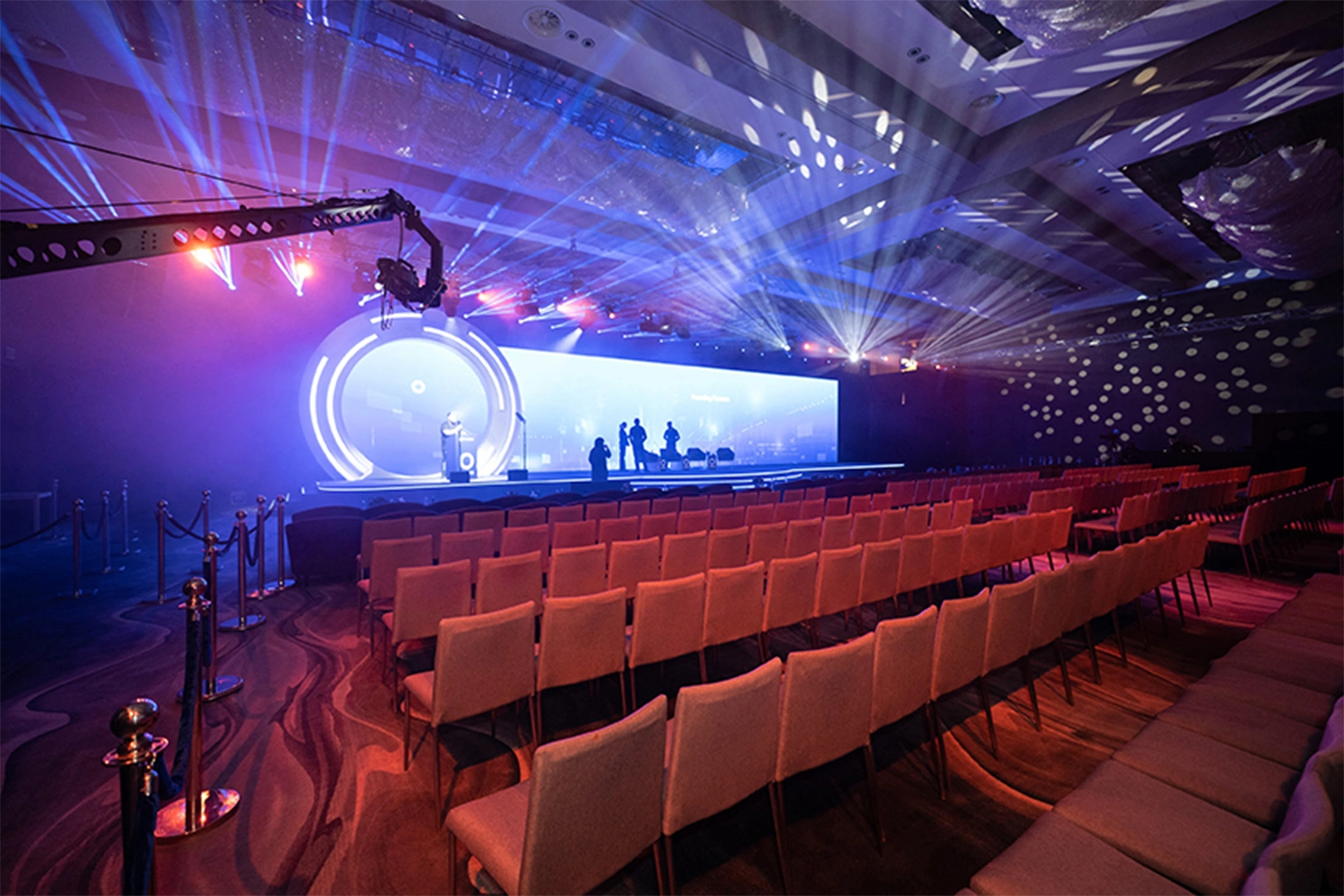 Evolution Scenic black drape framing a clean finished temporary stage environment
