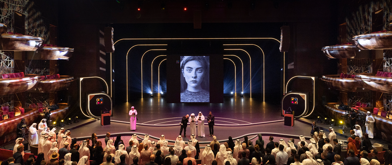 Evolution Scenic illuminated scenic arches framing the HIPA stage at Dubai Opera.