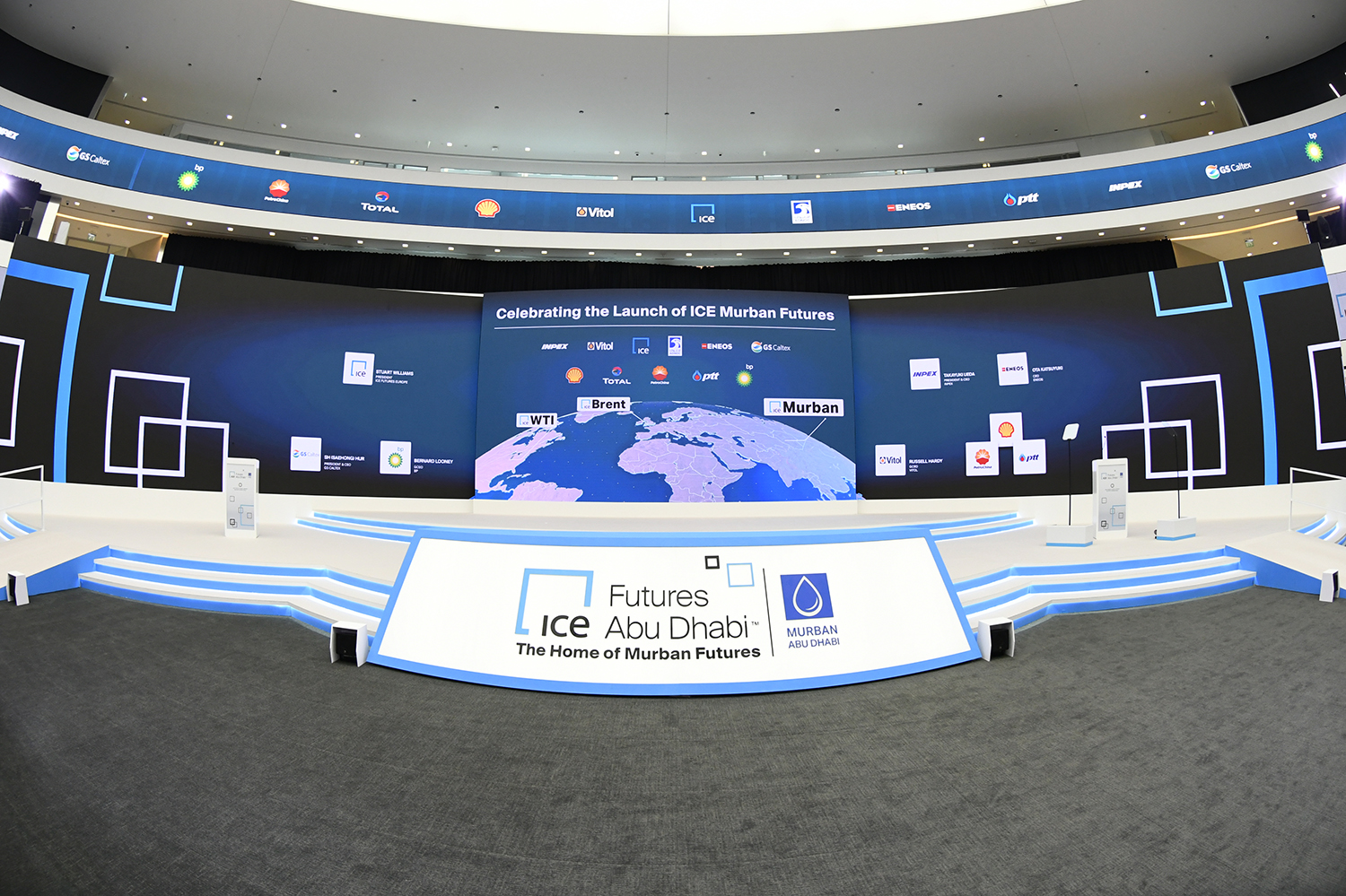 Evolution Scenic fabricated stage fascia carrying ICE Futures Abu Dhabi identity graphics.