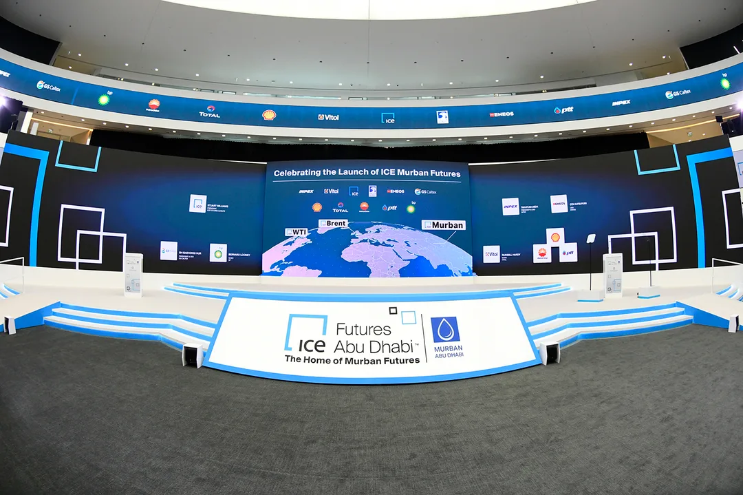 Evolution Scenic fabricated stage fascia carrying ICE Futures Abu Dhabi identity graphics.