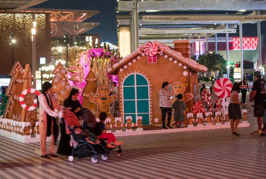 Evolution Scenic illuminated festive architecture extending the Christmas scenery across Expo 2020 Dubai.
