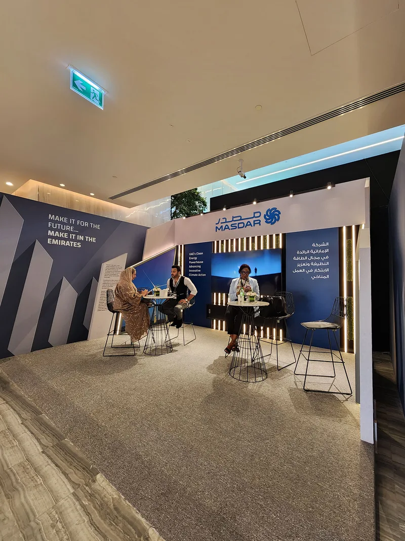 Make it in the Emirates exhibition pod with illuminated fins and integrated meeting space.