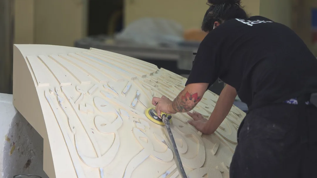 Coordinated production drawings showing scenic engineering details and CNC cutting paths.
