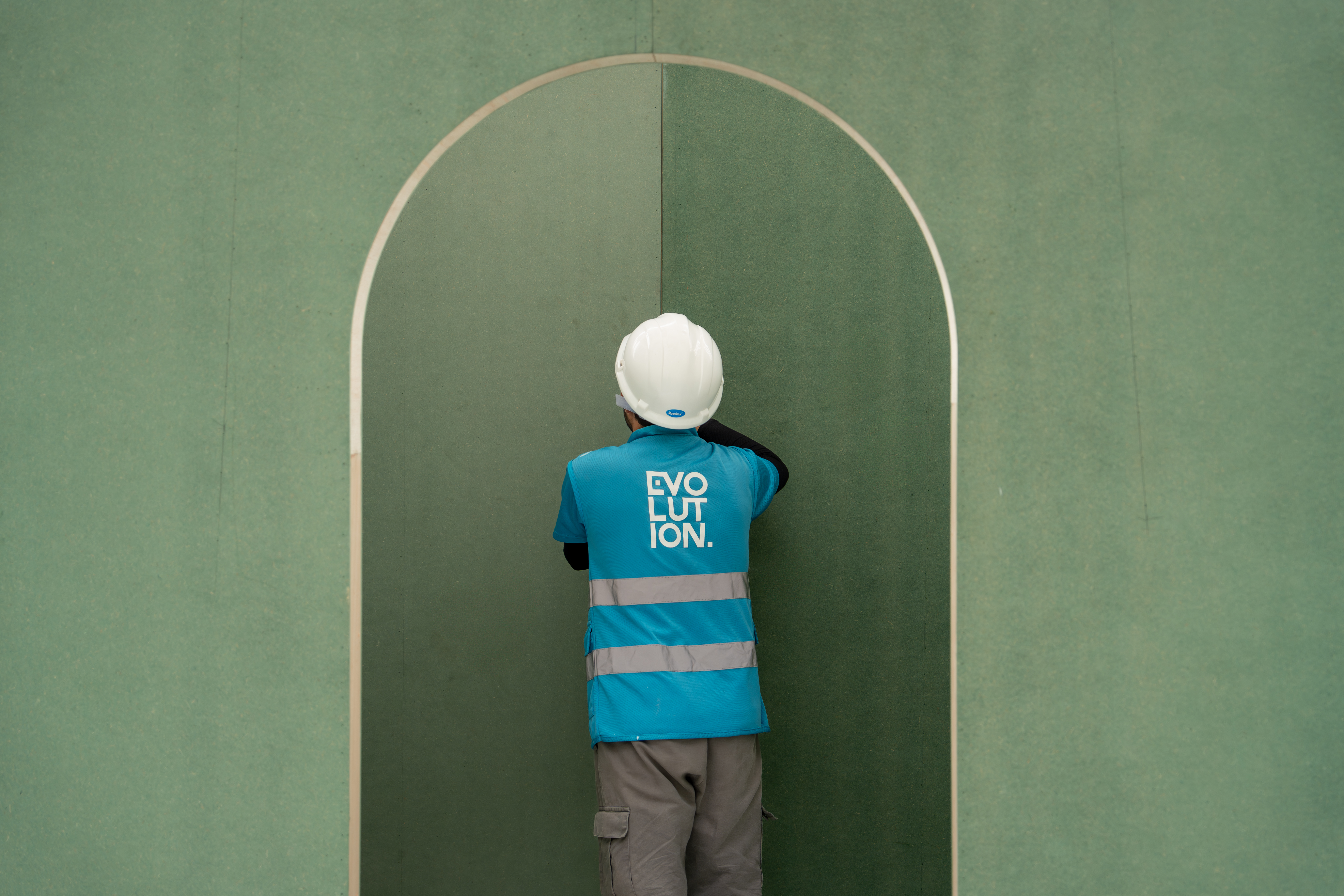 Evolution Scenic installers joining modular scenic walls with accessible concealed connections
