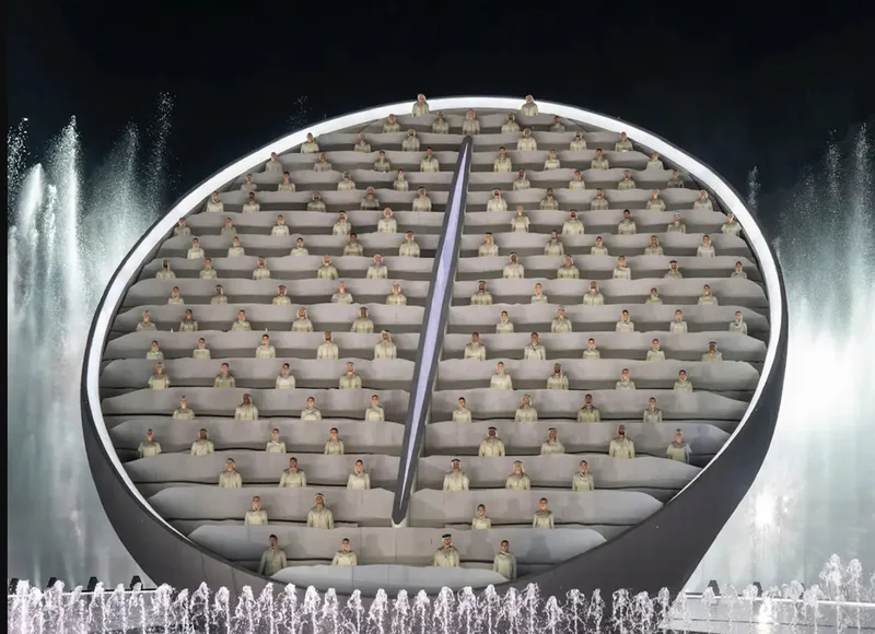 Evolution Scenic illuminated lightbox structures forming the Golden Jubilee performance climax.