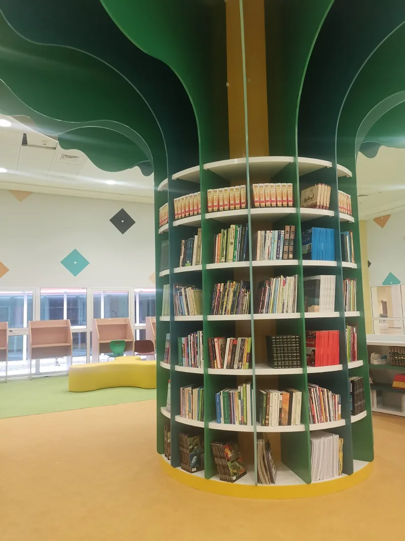 Evolution Scenic library feature with integrated shelving and a circular sculpted canopy.