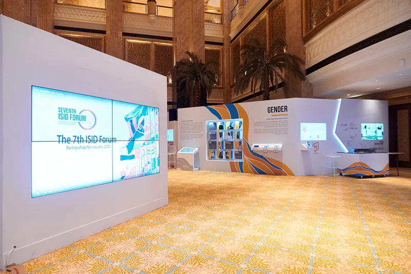 Evolution Scenic custom exhibition panels forming the UNIDO Gender themed hub at Emirates Palace Abu Dhabi.
