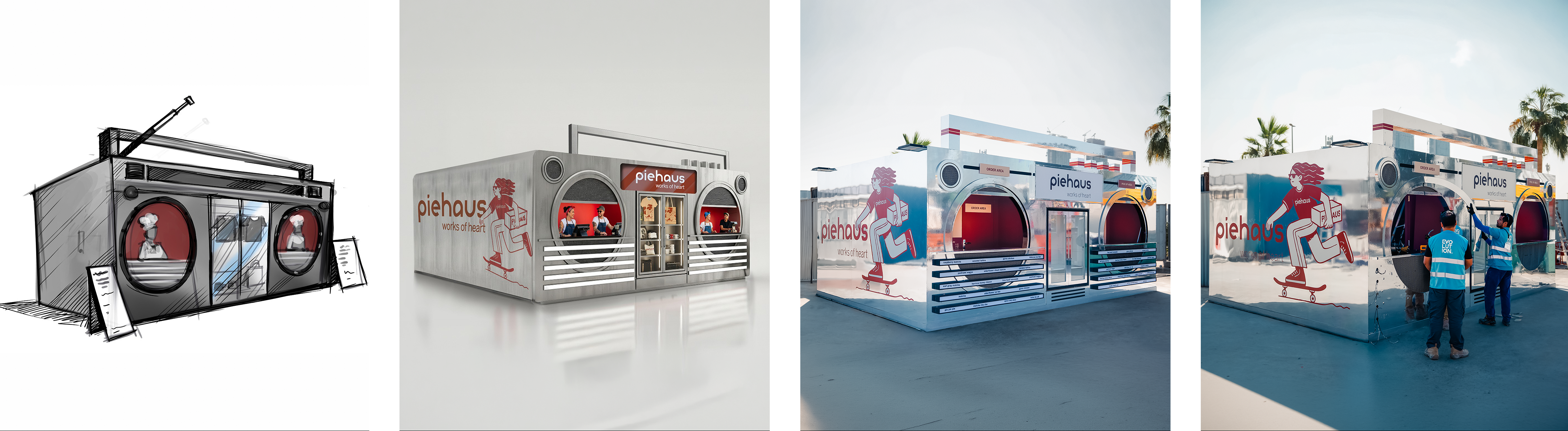 Evolution Scenic render, technical drawing and fabricated module shown together to demonstrate different project stages