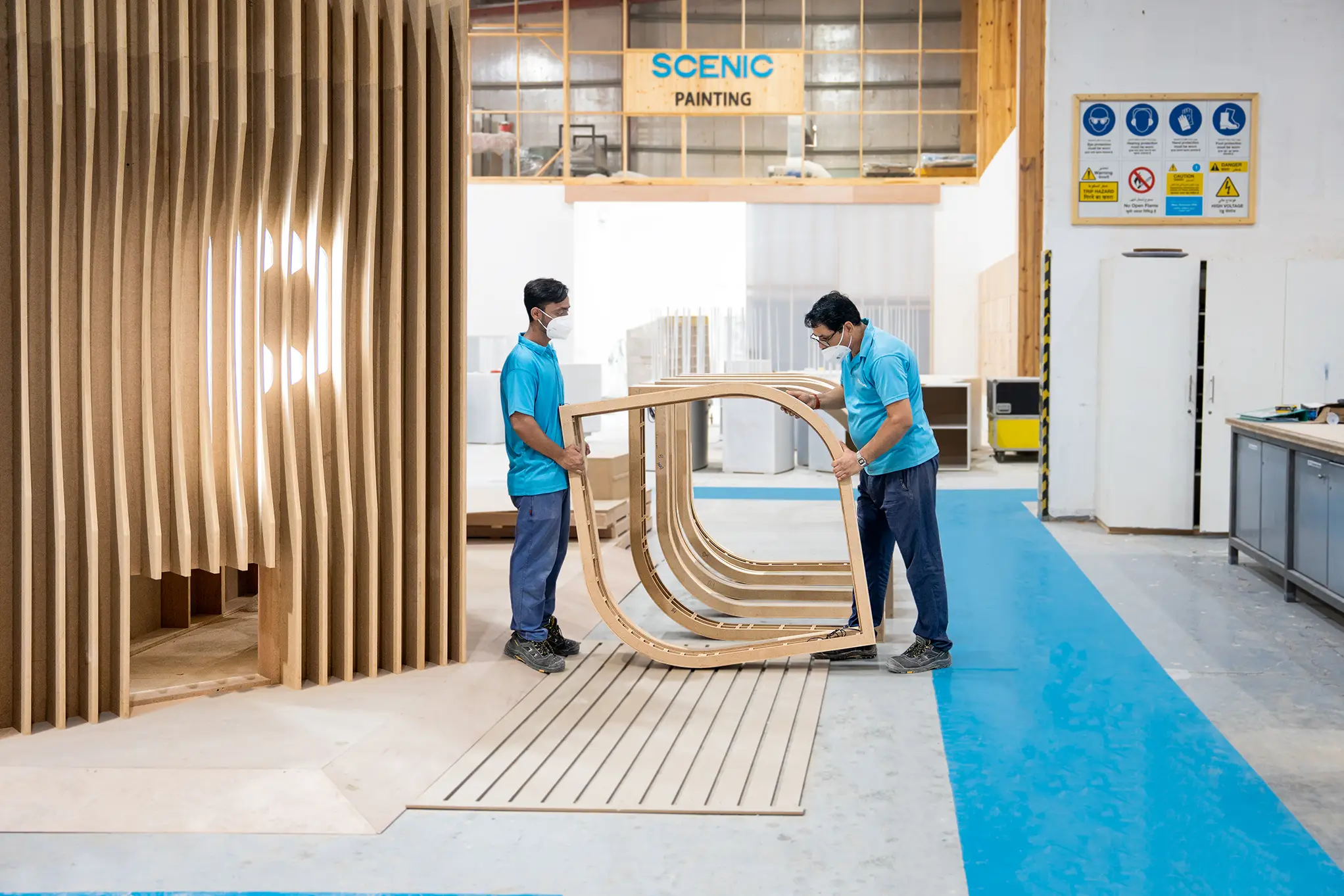 Scenic structure showing framing, layered materials, connection details and modular fabricated components.