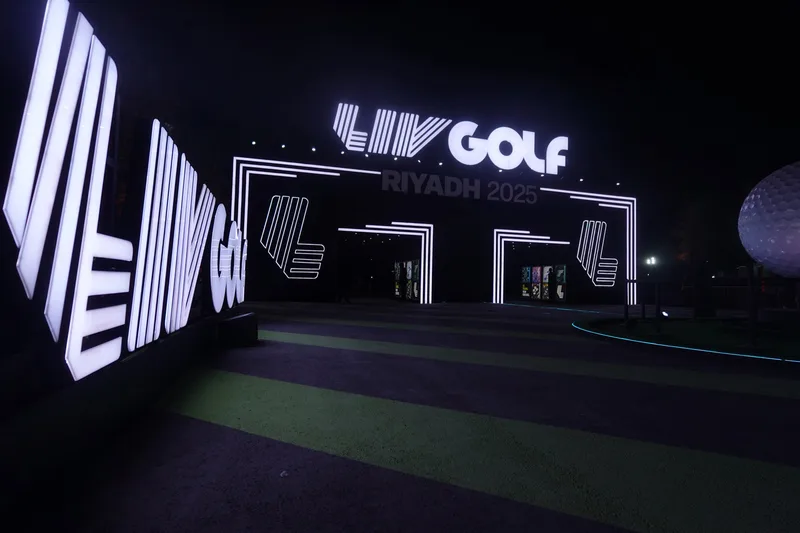Freestanding illuminated LIV Golf lightbox logo fabricated by Evolution Scenic at LIV Golf Riyadh 2025.