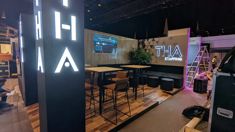 Matt-black scenic pillars carrying LED-lit THA branding on multiple visible faces.