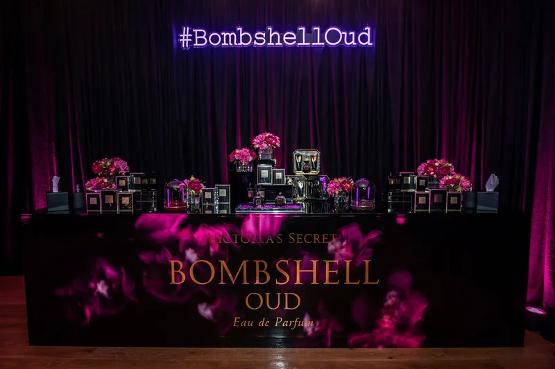 MDF-clad presentation desk and LED screen forming part of the fragrance launch installation.
