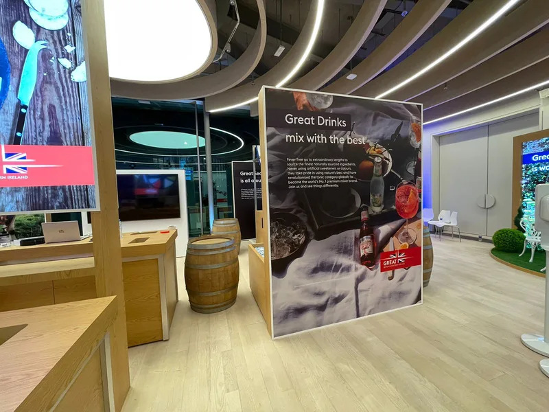 Bespoke MDF-clad interior structure fabricated for the UK Pavilion exhibition environment in Dubai.