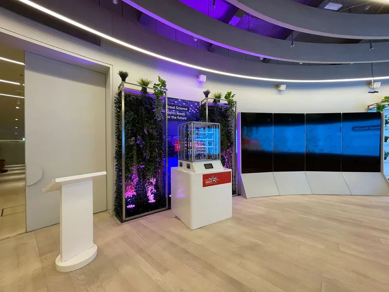 UK Pavilion interior scenic elements manufactured with timber structure and clear finished MDF.