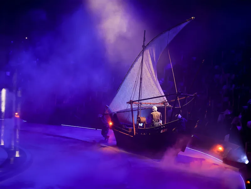 Traditional Arabian boat scenic prop fabricated over a powered golf buggy platform.