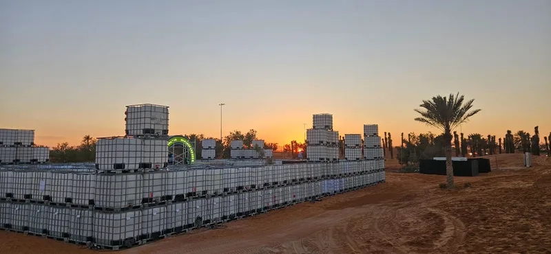 IBC container maze assembled as a large-scale illuminated temporary scenic environment.