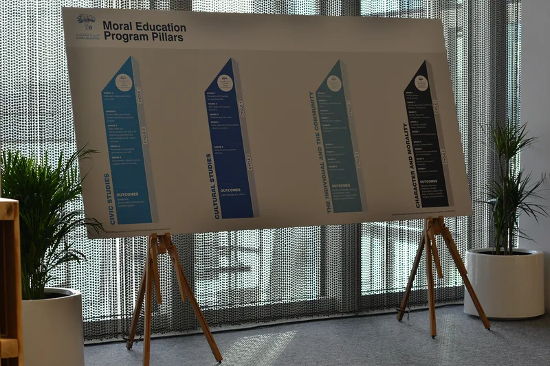 Freestanding Moral Education Program Pillars display panel within The Principals Symposium exhibition area.