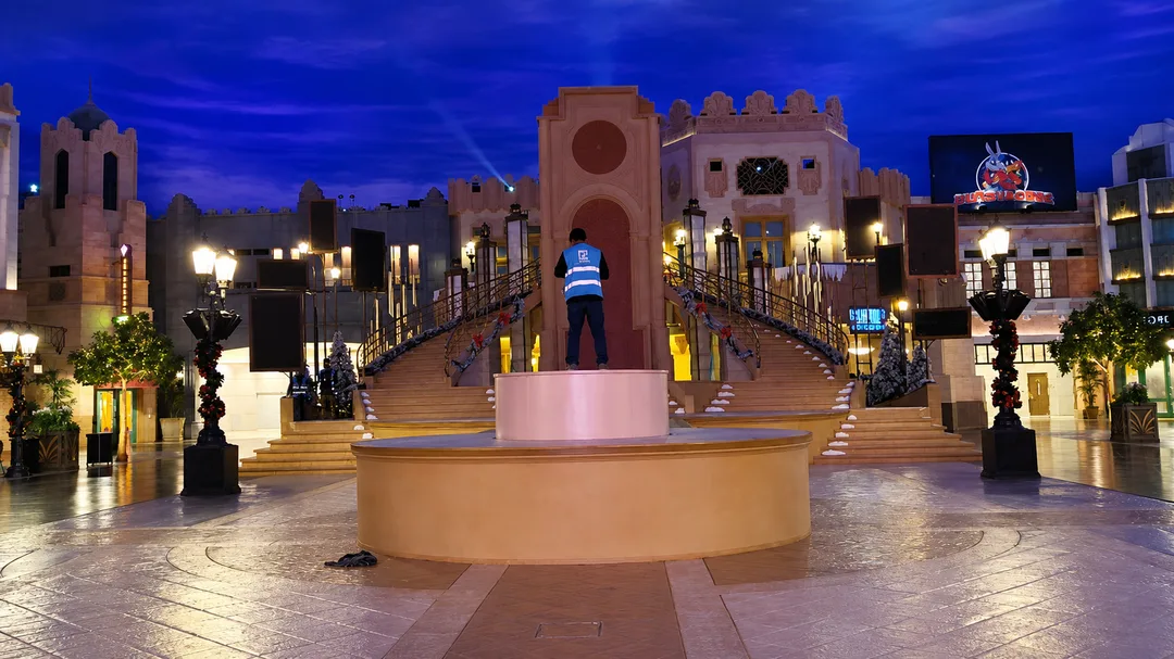 Evolution Scenic motorised revolve and performer-access structures undergoing technical stage testing.