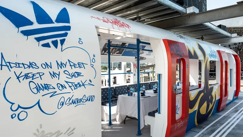 Adidas scenic stand with Underground-inspired façade treatment and integrated retail display areas.