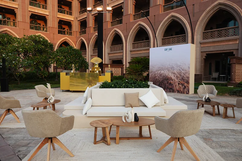 Evolution Scenic outdoor lounge with printed scenic backdrop and coordinated furniture at Emirates Palace.