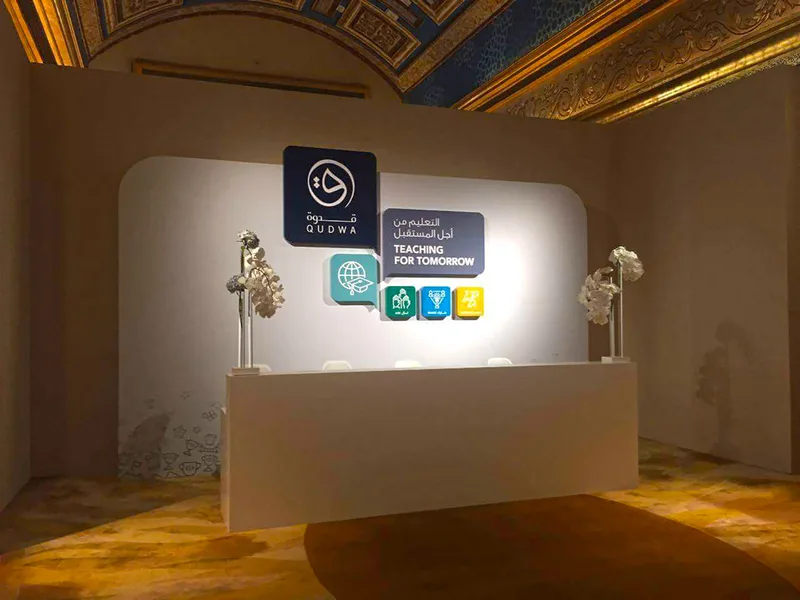 Qudwa wayfinding and signage integrated across the Abu Dhabi venue environment.