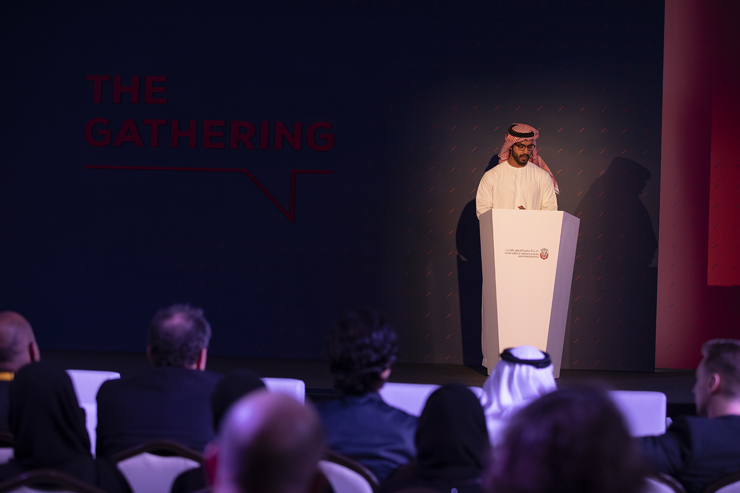 Evolution Scenic red scenic panels integrated around LED screens at Saadiyat Rotana.