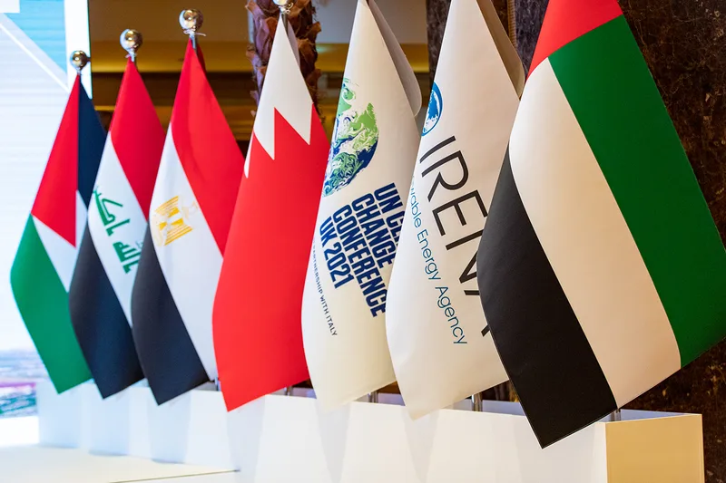 National and organisation flags installed as branded scenic elements for the UAE Regional Climate Dialogue.