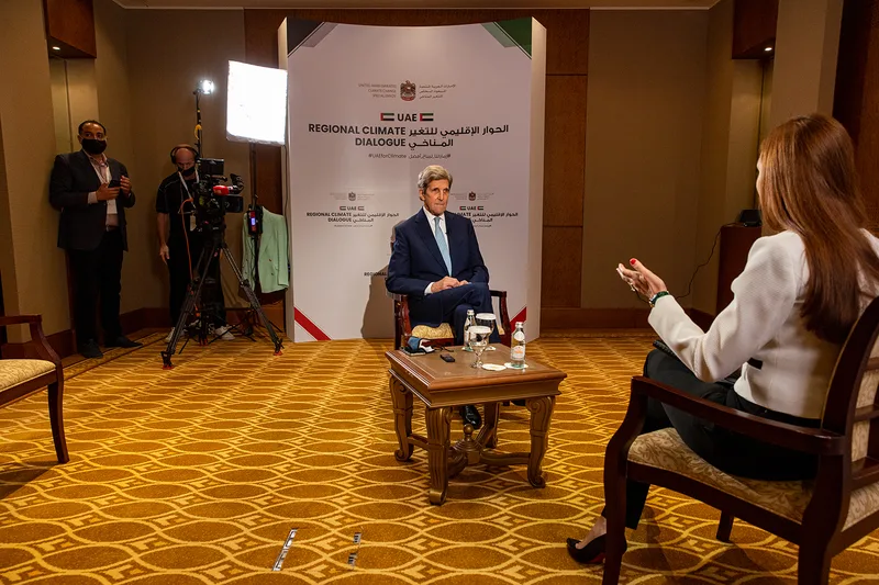 Evolution Scenic freestanding branded interview backdrop for the UAE Regional Climate Dialogue at Emirates Palace.
