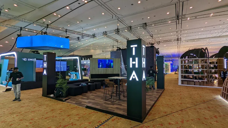 Evolution Scenic THA Stand with illuminated pillars and angular branded walls in Riyadh.