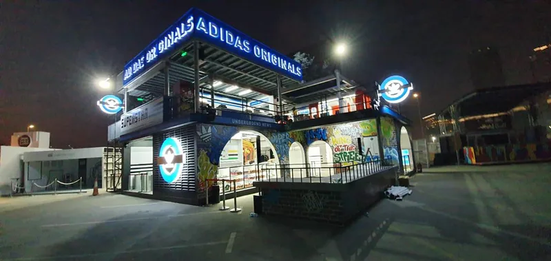 Three-storey Adidas scenic installation with Underground-inspired architectural fabrication in Dubai.