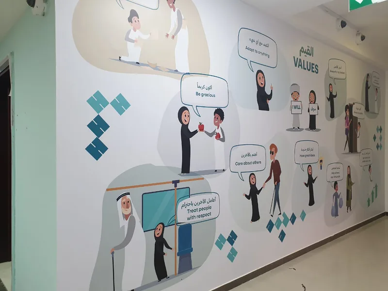 Custom values wall graphic combining educational messages with consistent school branding.