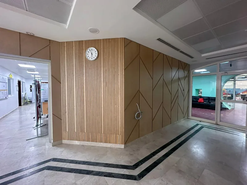 Geometric slotted wall cladding installed around openings and school circulation areas.