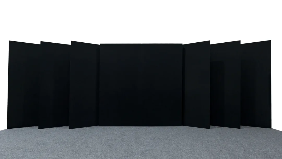 Scenic partition mock-ups comparing acoustic panels, opaque drape and impact-resistant construction.
