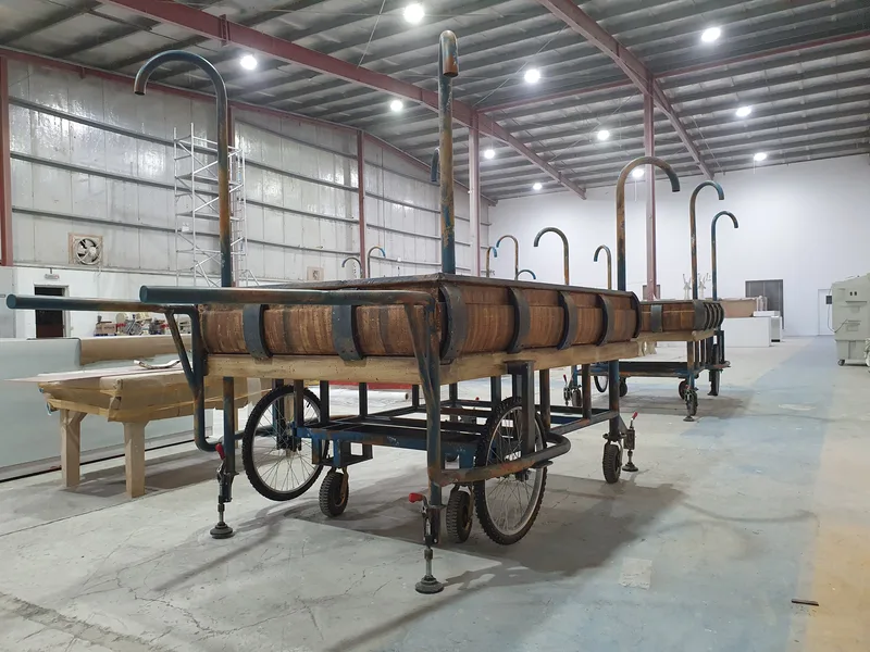 Mild-steel framed market cart clad with plywood and timber for theatrical performance.