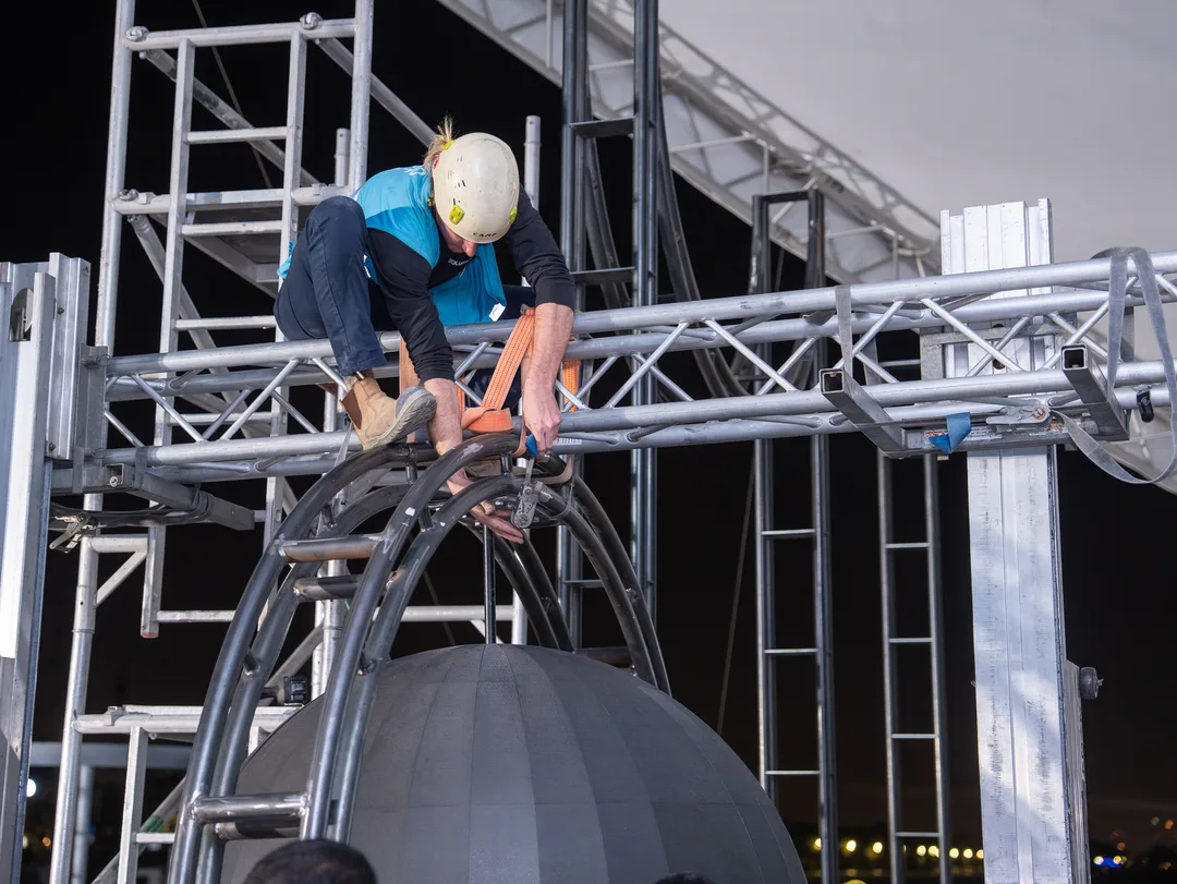 Scenic steel frame engineered to support cladding, lighting and integrated technical equipment
