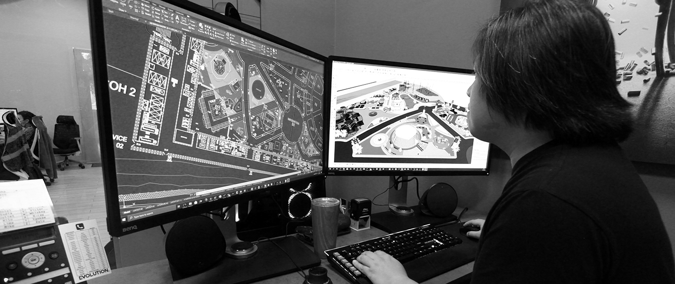 Image desTechnical developer converting a scenic render into detailed fabrication drawings and component layouts
cription