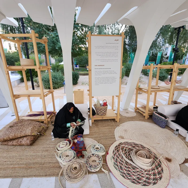 Timber shelving at UAE Pavilion cultural scenic environment.
